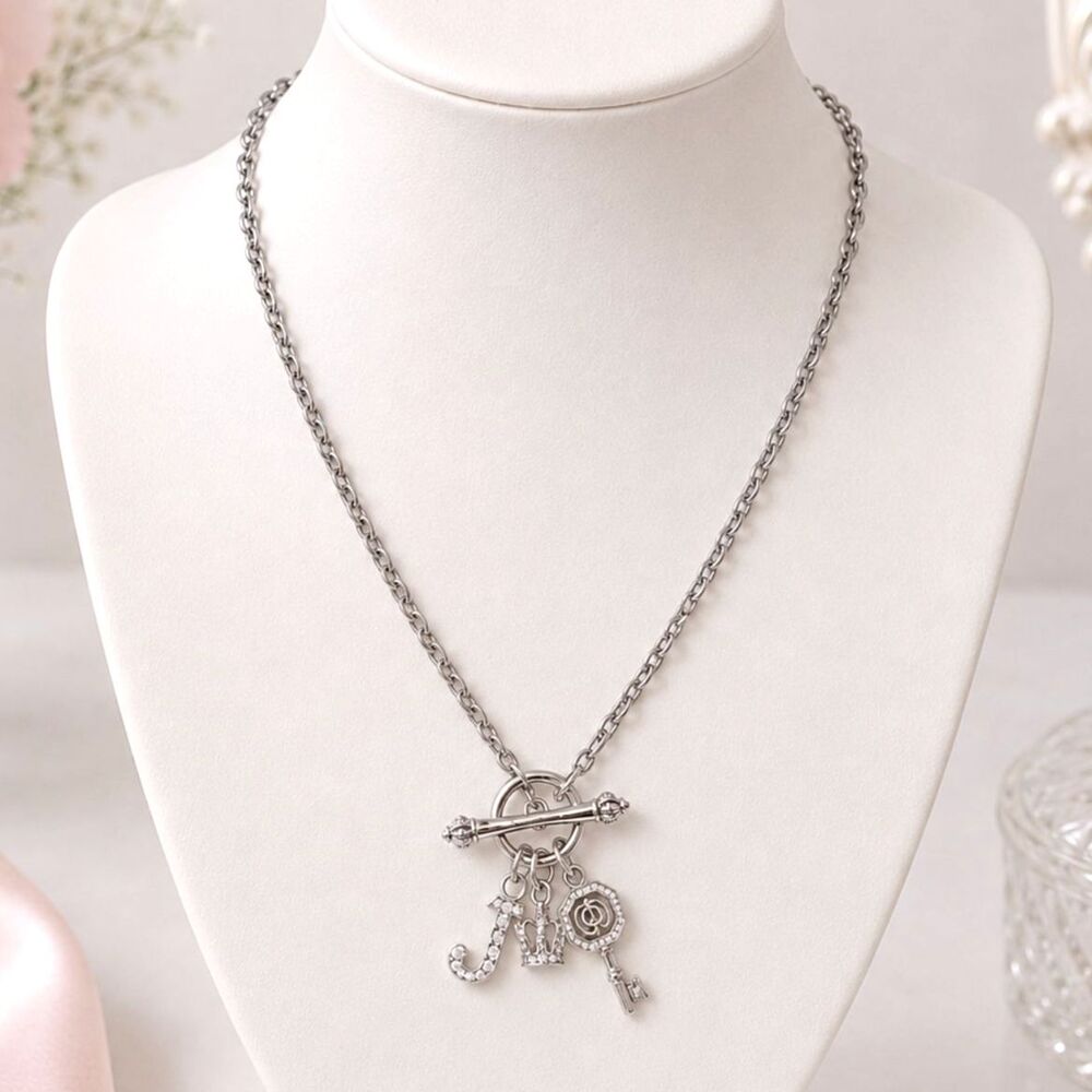 Juicy Couture Silver Tone J Crown Key Charm Toggle Necklace 16"